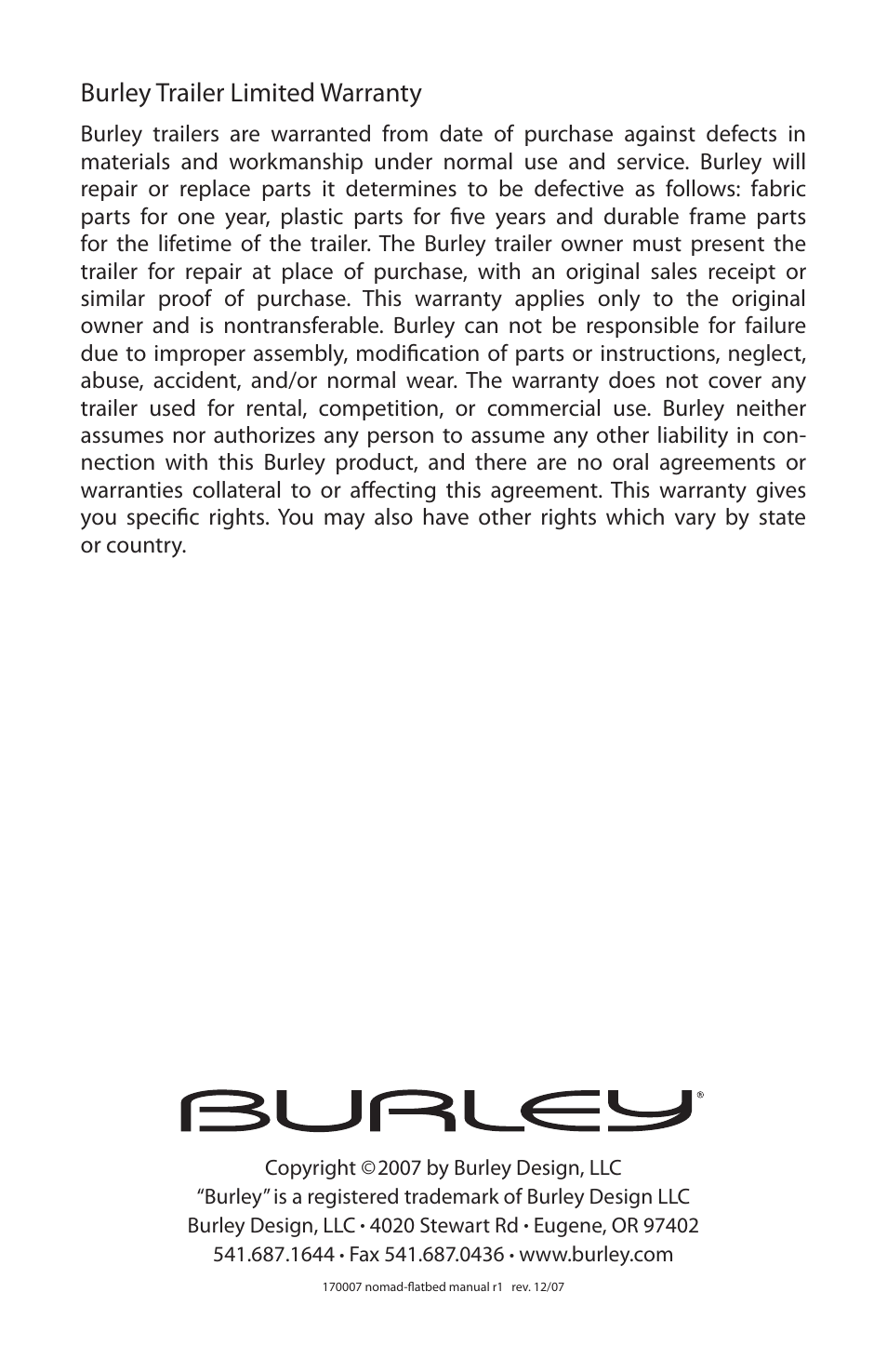 Burley trailer limited warranty | Burley Nomad User Manual | Page 18 / 18