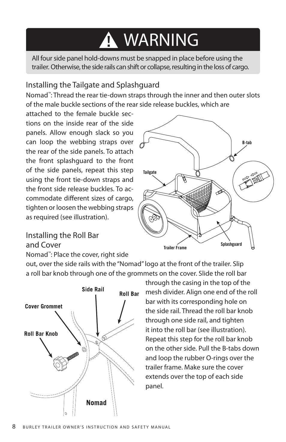 Warning, Installing the tailgate and splashguard, Installing the roll bar and cover | Burley Nomad User Manual | Page 8 / 18