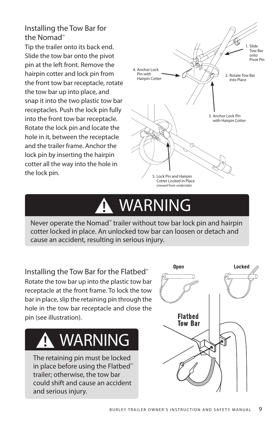 Warning, Installing the tow bar for the nomad, Installing the tow bar for the flatbed | Never operate the nomad | Burley Nomad User Manual | Page 9 / 18