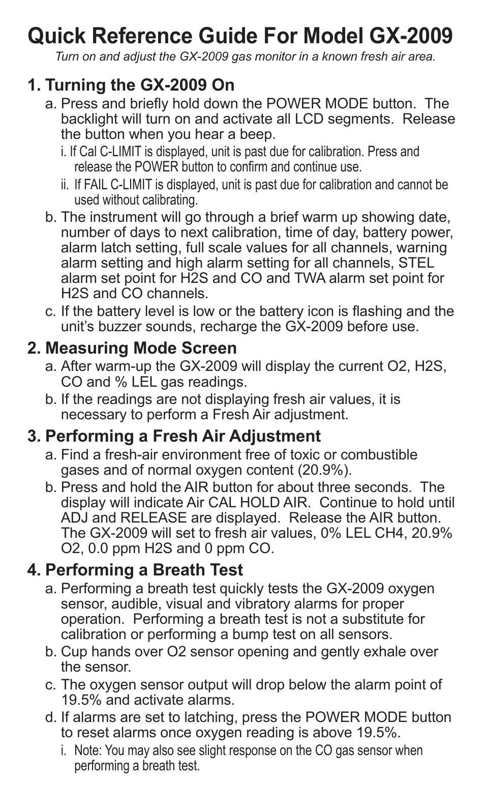 RKI Instruments GX-2009 Quik Start User Manual | 2 pages