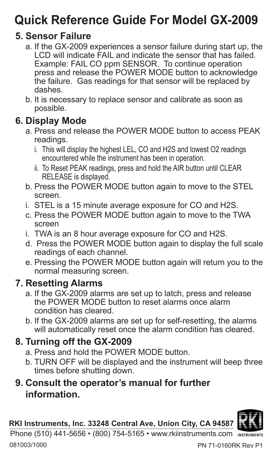 Quick reference guide for model gx-2009 | RKI Instruments GX-2009 Quik Start User Manual | Page 2 / 2