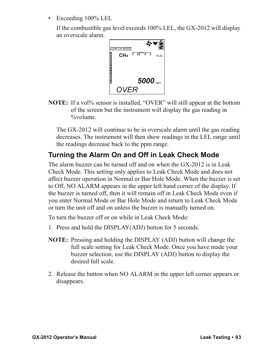 Over, Turning the alarm on and off in leak check mode | RKI Instruments GX-2012 Manual User Manual | Page 101 / 185