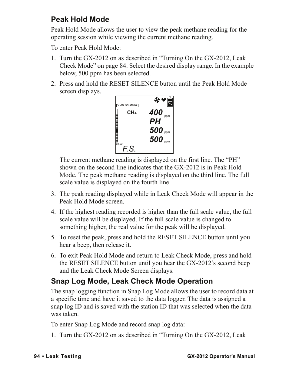 Peak hold mode, Snap log mode, leak check mode operation | RKI Instruments GX-2012 Manual User Manual | Page 102 / 185