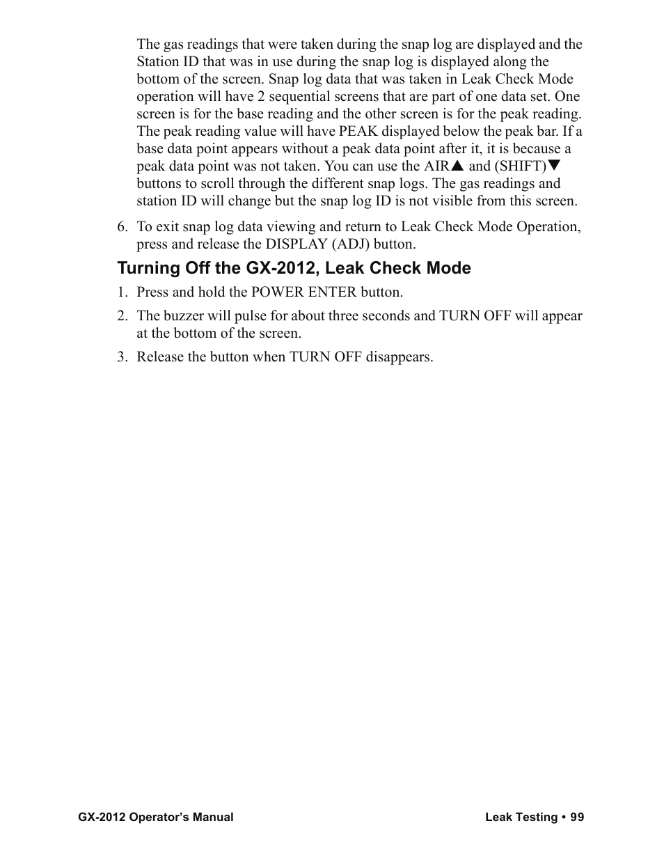 Turning off the gx-2012, leak check mode | RKI Instruments GX-2012 Manual User Manual | Page 107 / 185