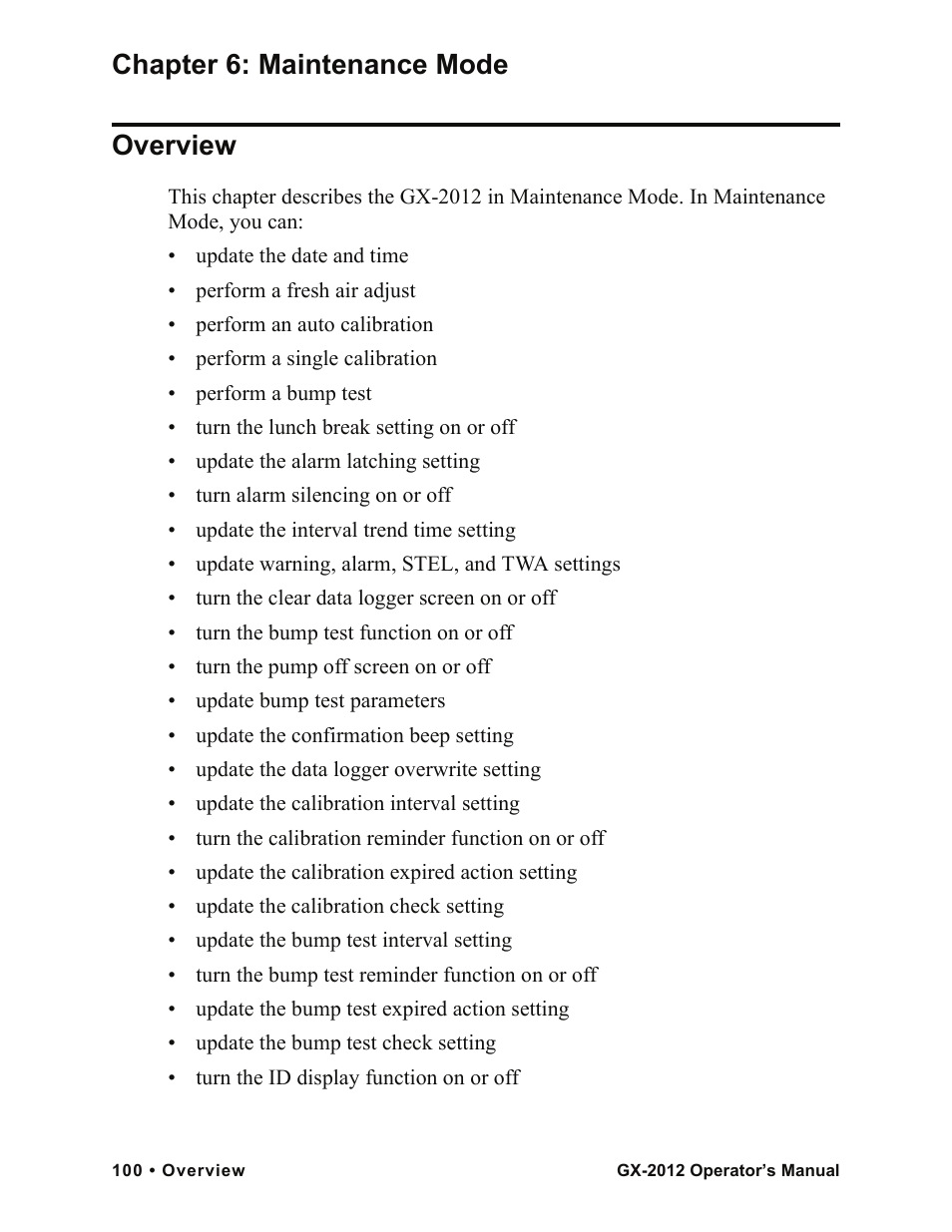 Chapter 6: maintenance mode overview | RKI Instruments GX-2012 Manual User Manual | Page 108 / 185