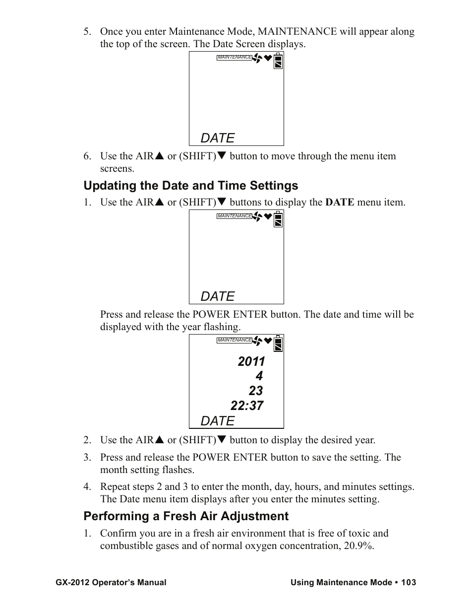 Date, Updating the date and time settings, Performing a fresh air adjustment | RKI Instruments GX-2012 Manual User Manual | Page 111 / 185