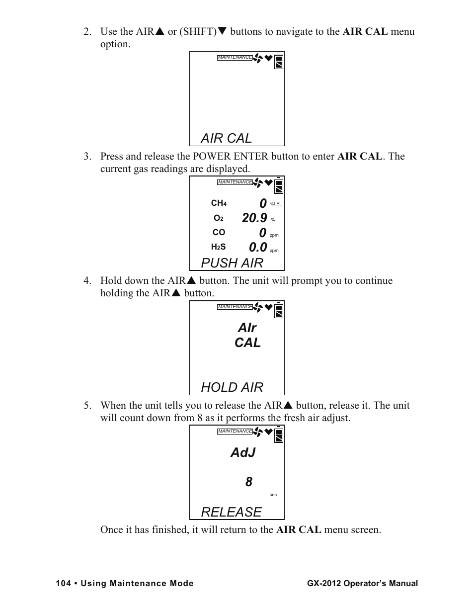 Air cal, Push air, Hold air | Adj 8, Release | RKI Instruments GX-2012 Manual User Manual | Page 112 / 185