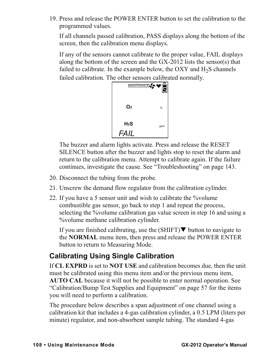 Fail, Calibrating using single calibration | RKI Instruments GX-2012 Manual User Manual | Page 116 / 185
