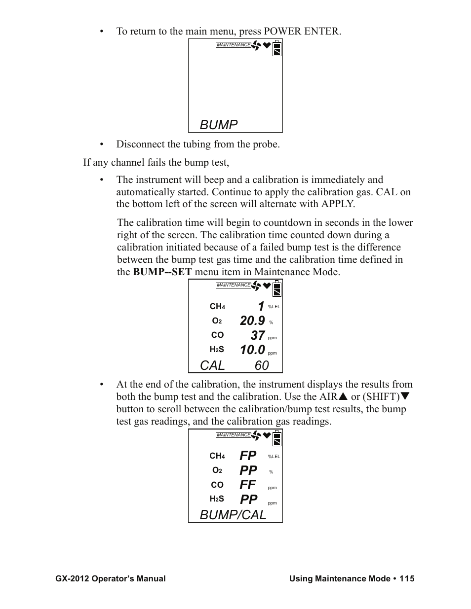 Bump, Cal 60, Fp pp ff pp | Bump/cal | RKI Instruments GX-2012 Manual User Manual | Page 123 / 185