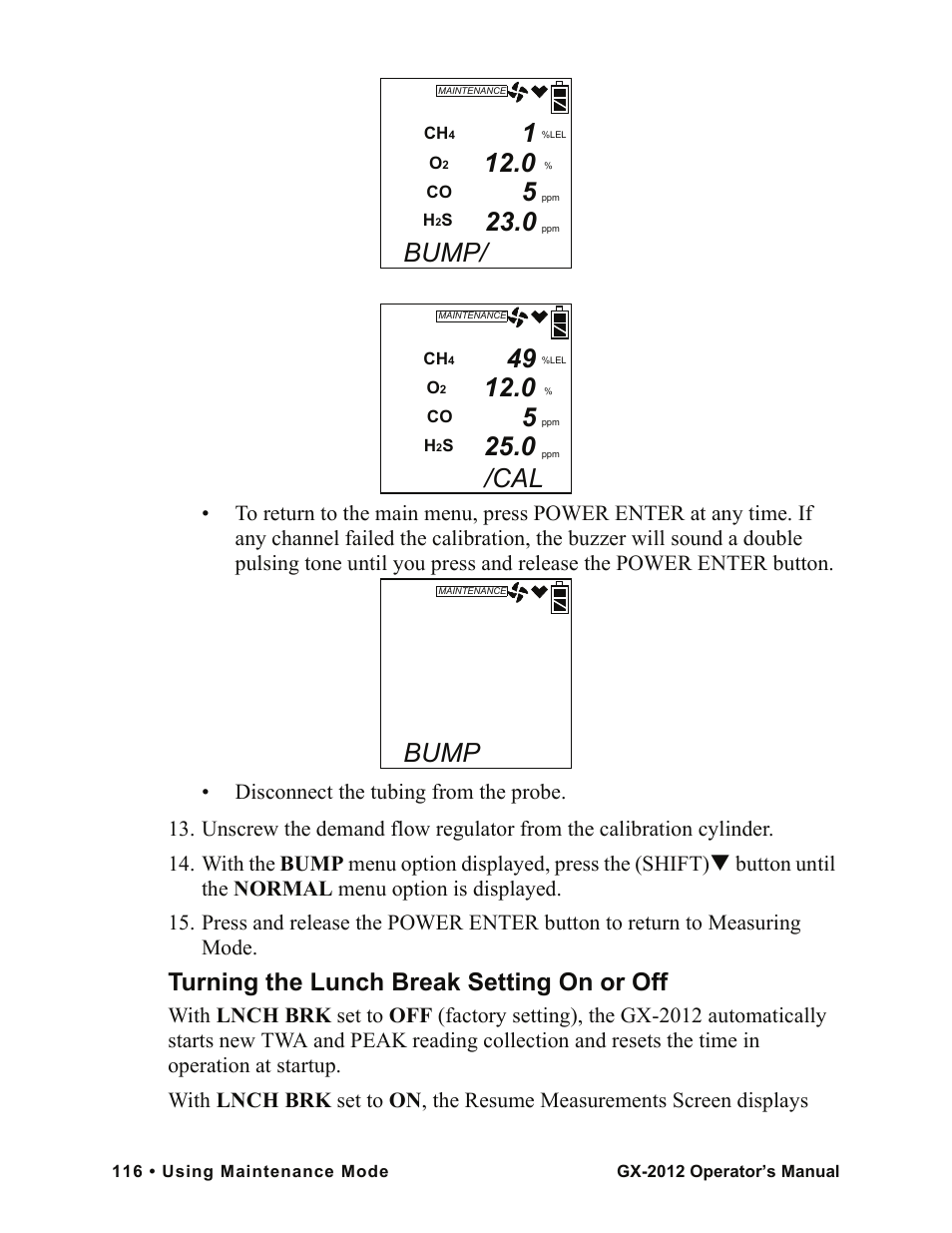 Bump, Turning the lunch break setting on or off | RKI Instruments GX-2012 Manual User Manual | Page 124 / 185