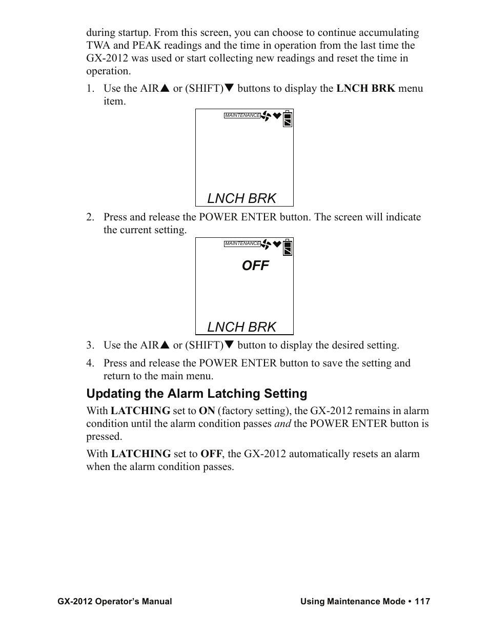 Lnch brk, Updating the alarm latching setting | RKI Instruments GX-2012 Manual User Manual | Page 125 / 185