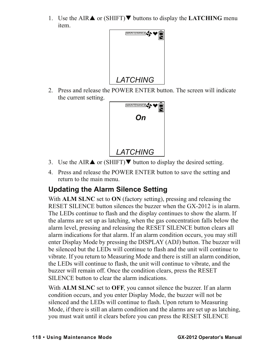 Latching, Updating the alarm silence setting | RKI Instruments GX-2012 Manual User Manual | Page 126 / 185