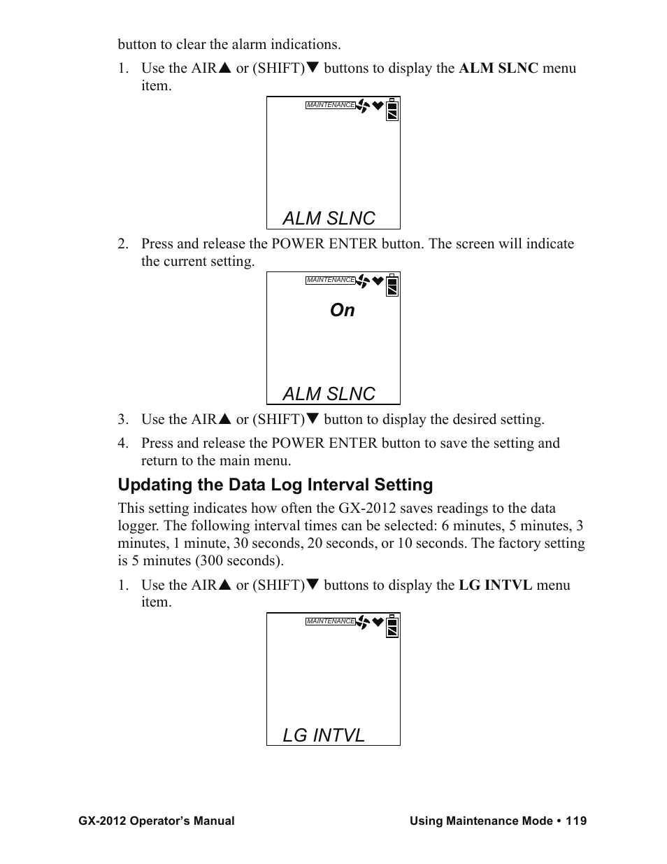 Alm slnc, Lg intvl, Updating the data log interval setting | RKI Instruments GX-2012 Manual User Manual | Page 127 / 185