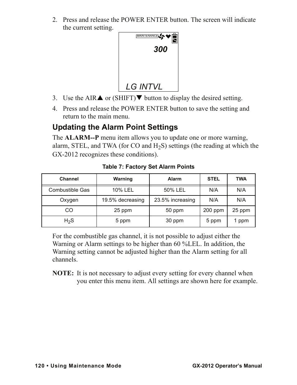 Lg intvl, Updating the alarm point settings | RKI Instruments GX-2012 Manual User Manual | Page 128 / 185