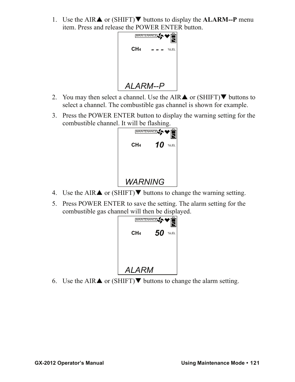 Alarm--p, Warning, Alarm | RKI Instruments GX-2012 Manual User Manual | Page 129 / 185