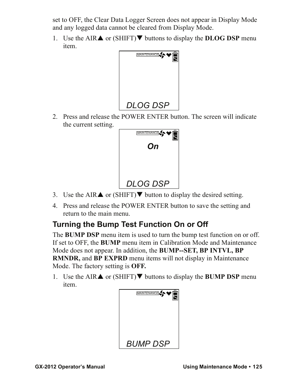Dlog dsp, Bump dsp, Turning the bump test function on or off | RKI Instruments GX-2012 Manual User Manual | Page 133 / 185