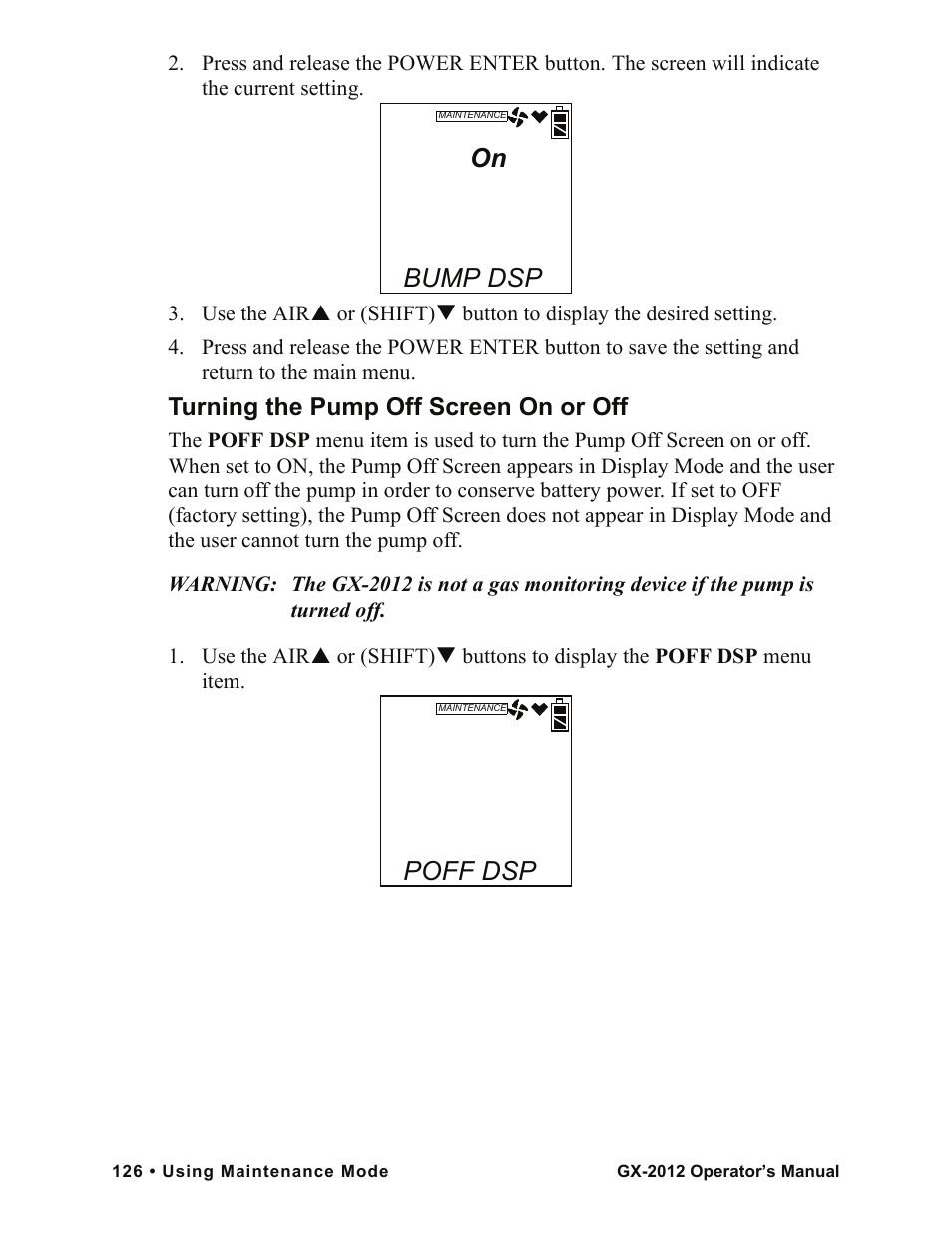 Bump dsp, Poff dsp, Turning the pump off screen on or off | RKI Instruments GX-2012 Manual User Manual | Page 134 / 185