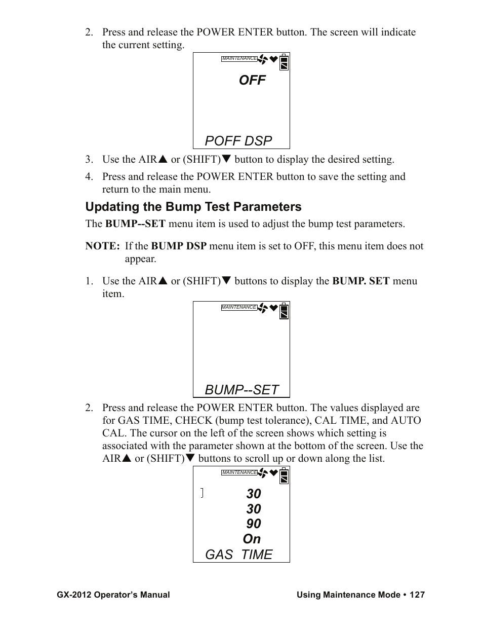 Poff dsp, Bump--set, Gas time | Updating the bump test parameters | RKI Instruments GX-2012 Manual User Manual | Page 135 / 185