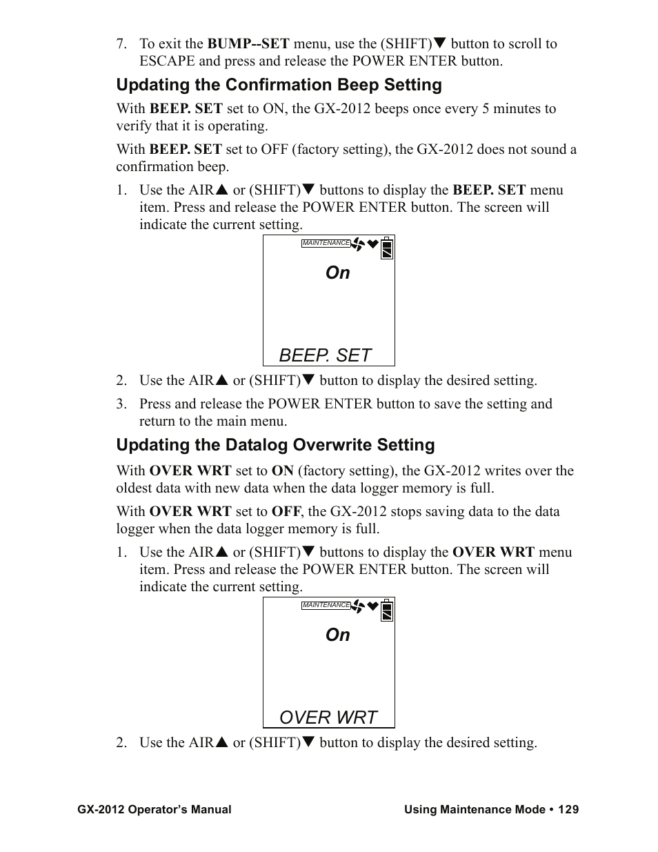 Beep. set, Over wrt, Updating the confirmation beep setting | Updating the datalog overwrite setting | RKI Instruments GX-2012 Manual User Manual | Page 137 / 185
