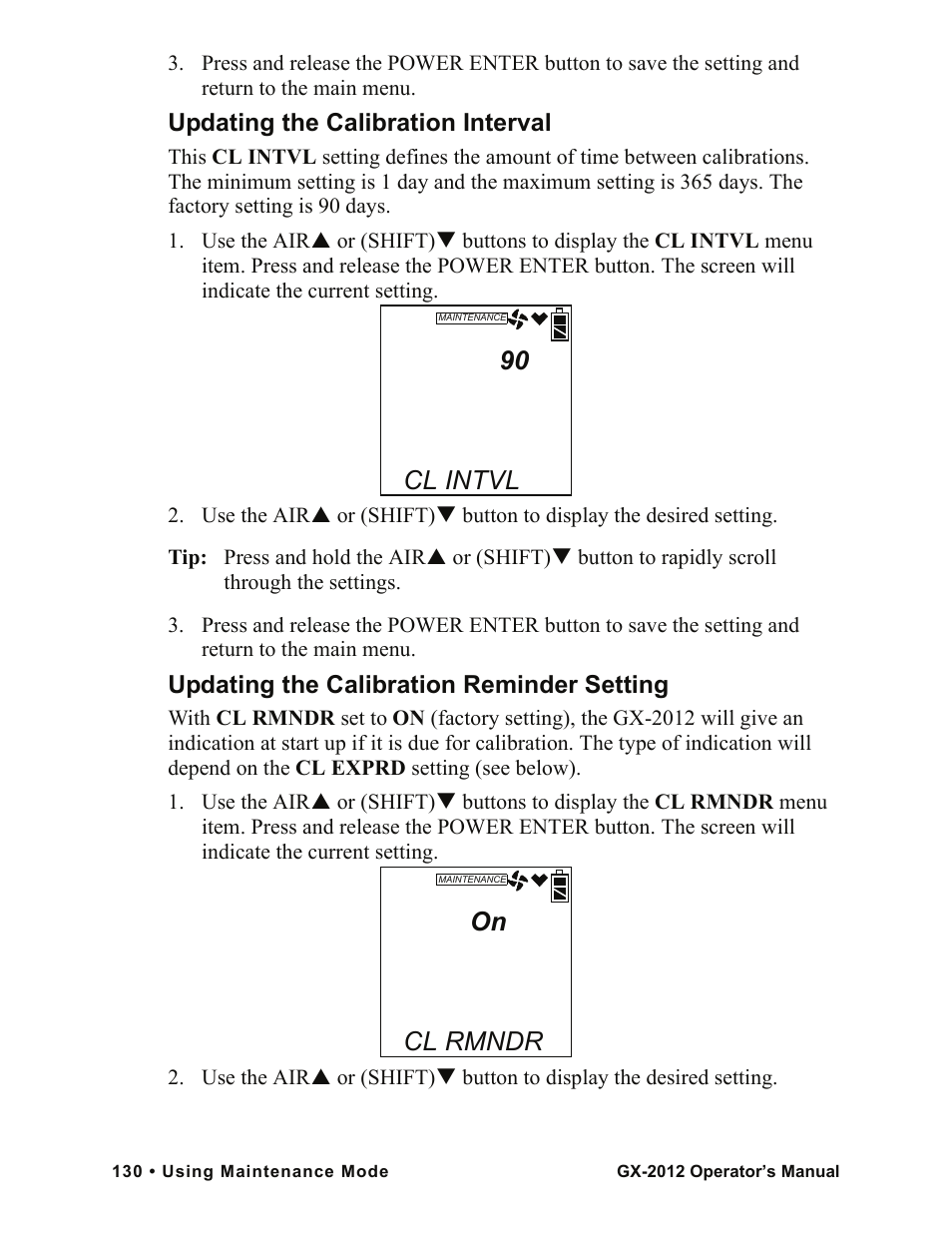 Cl intvl, Cl rmndr, Updating the calibration interval | Updating the calibration reminder setting | RKI Instruments GX-2012 Manual User Manual | Page 138 / 185
