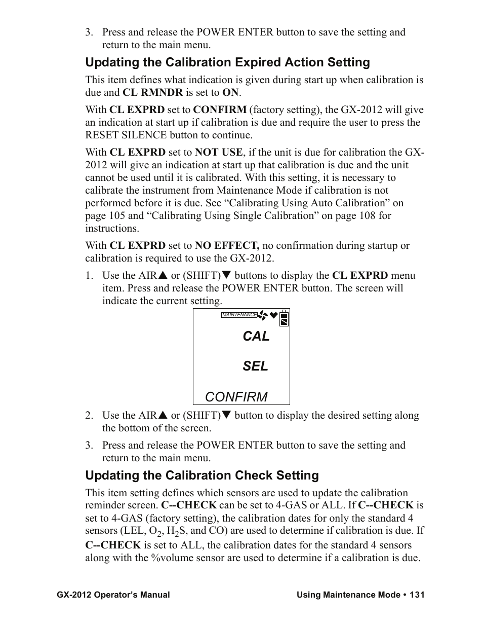 Cal sel, Confirm, Updating the calibration expired action setting | Updating the calibration check setting | RKI Instruments GX-2012 Manual User Manual | Page 139 / 185