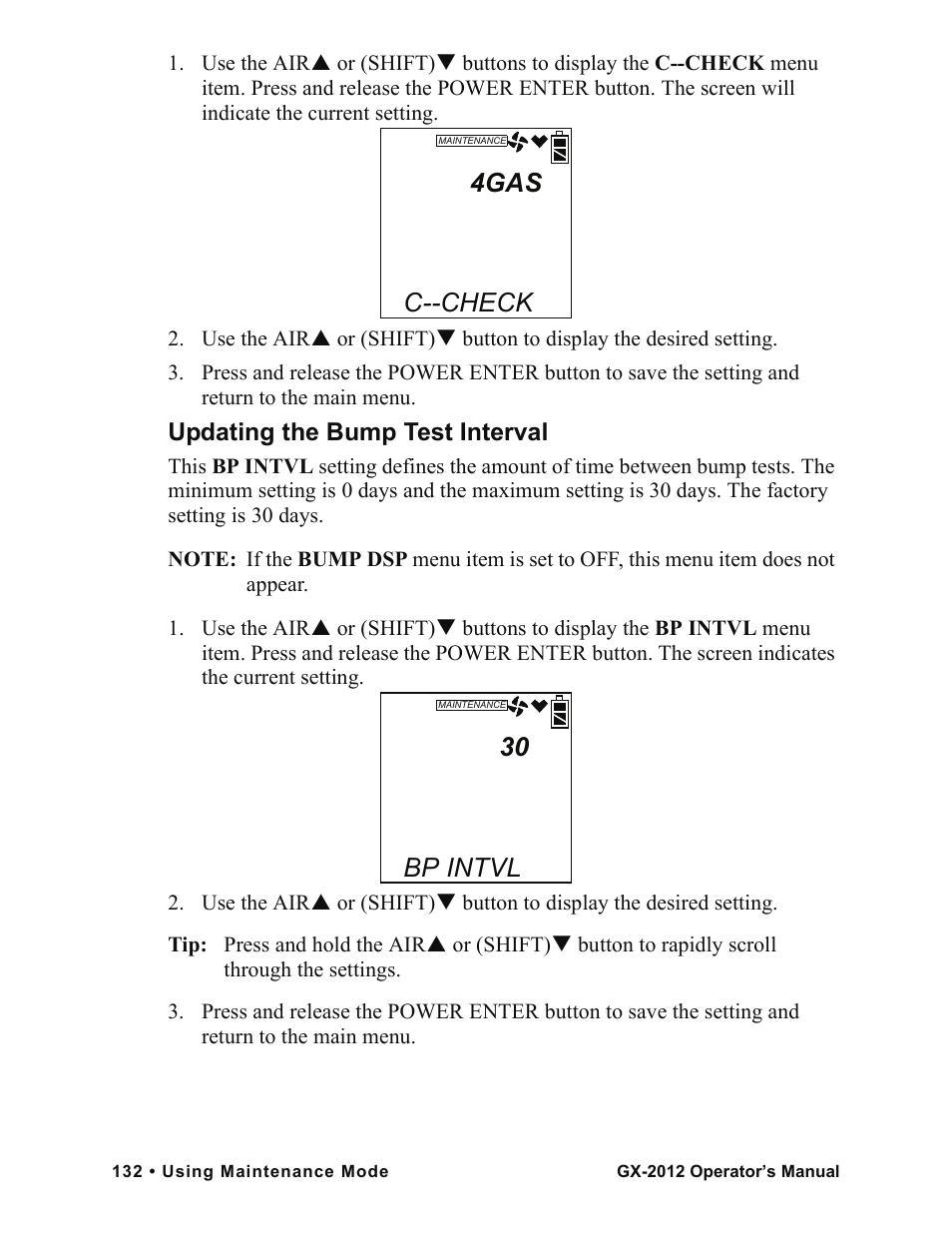 4gas, C--check, Bp intvl | Updating the bump test interval | RKI Instruments GX-2012 Manual User Manual | Page 140 / 185