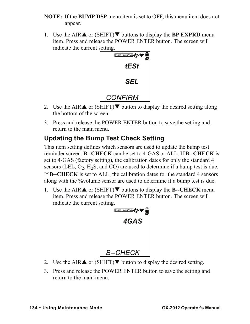 Test sel, Confirm, 4gas | B--check, Updating the bump test check setting | RKI Instruments GX-2012 Manual User Manual | Page 142 / 185