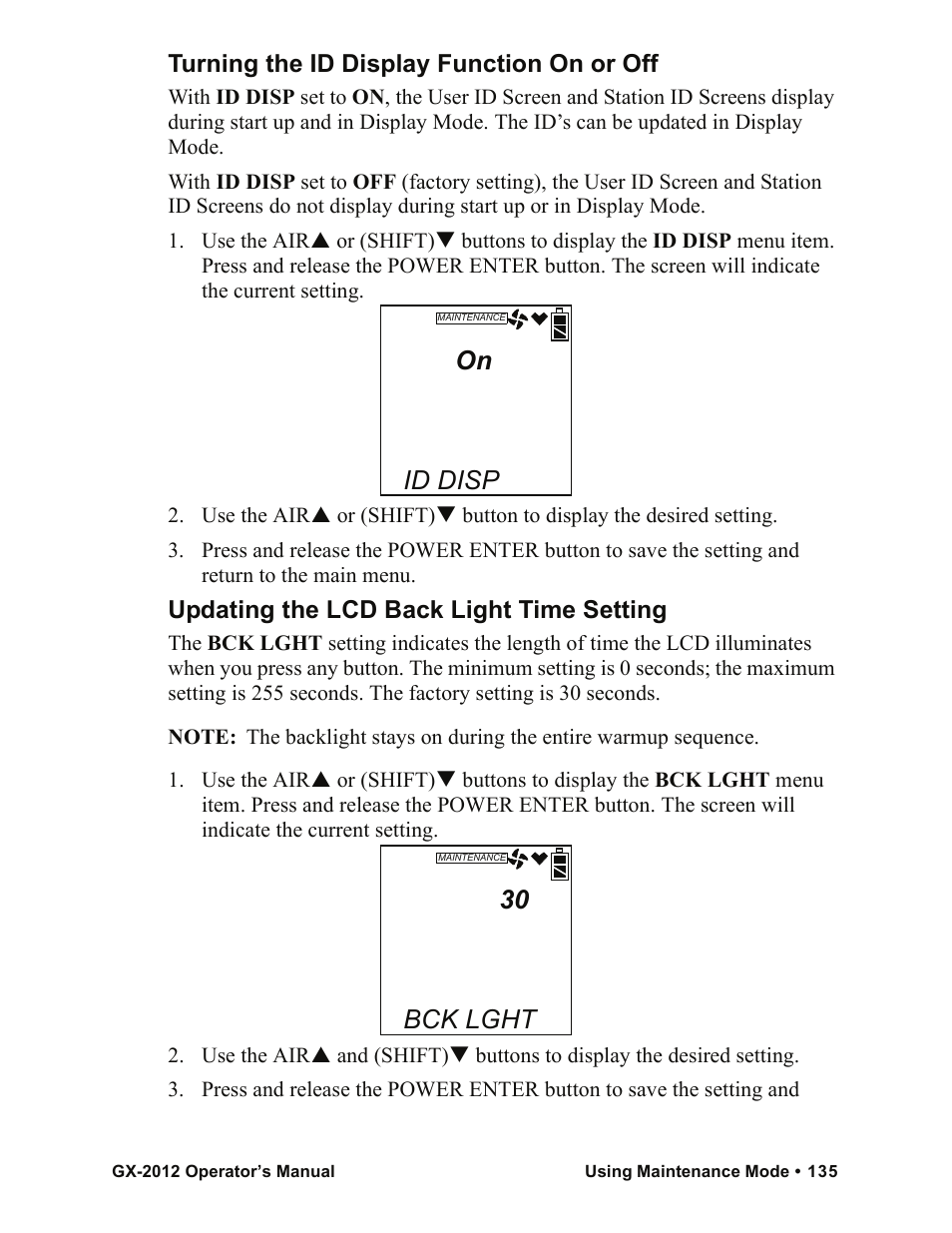 Id disp, Bck lght, Turning the id display function on or off | Updating the lcd back light time setting | RKI Instruments GX-2012 Manual User Manual | Page 143 / 185