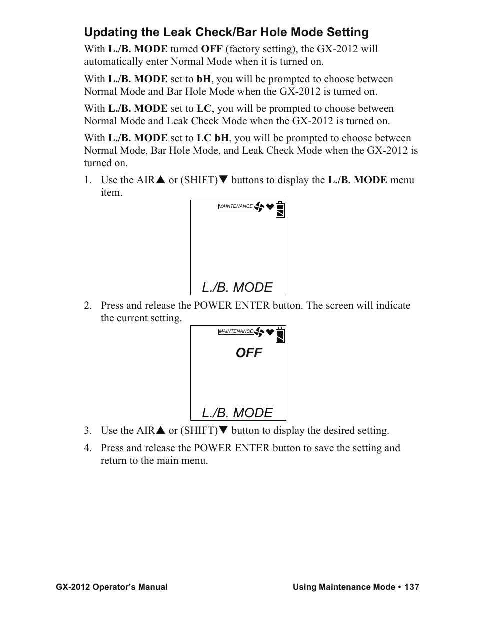 L./b. mode, Updating the leak check/bar hole mode setting | RKI Instruments GX-2012 Manual User Manual | Page 145 / 185
