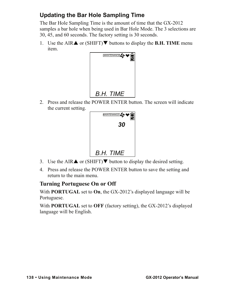 B.h. time, Updating the bar hole sampling time, Turning portuguese on or off | RKI Instruments GX-2012 Manual User Manual | Page 146 / 185