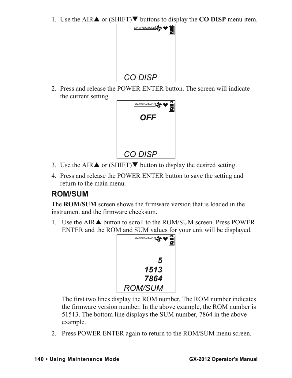 Co disp, Rom/sum | RKI Instruments GX-2012 Manual User Manual | Page 148 / 185