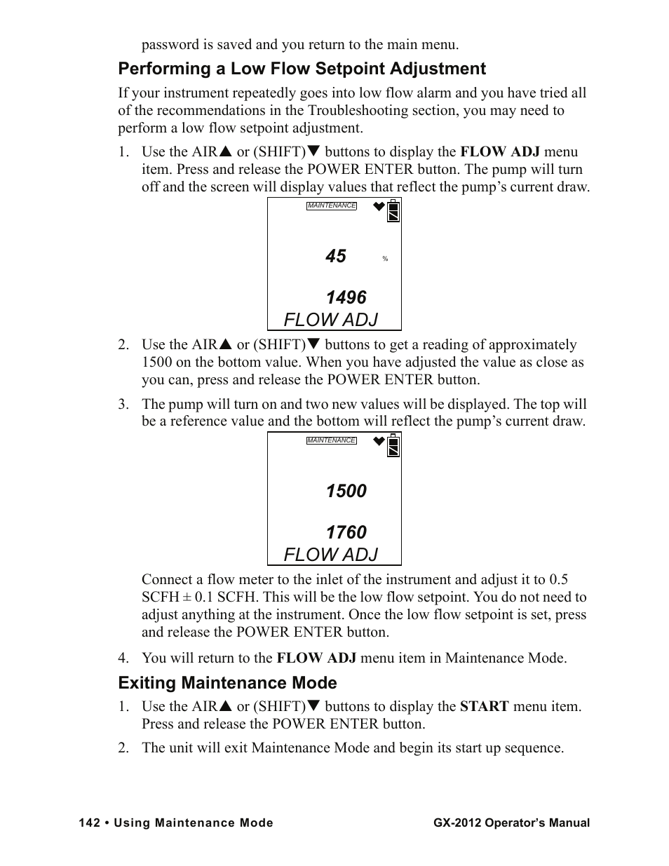 Flow adj, Performing a low flow setpoint adjustment, Exiting maintenance mode | RKI Instruments GX-2012 Manual User Manual | Page 150 / 185