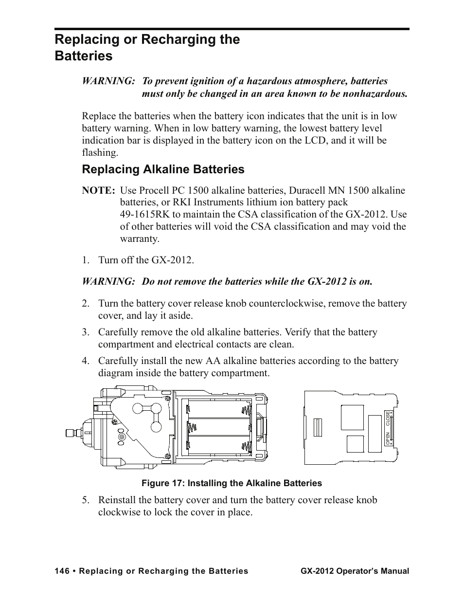 Replacing or recharging the batteries, Replacing alkaline batteries | RKI Instruments GX-2012 Manual User Manual | Page 154 / 185