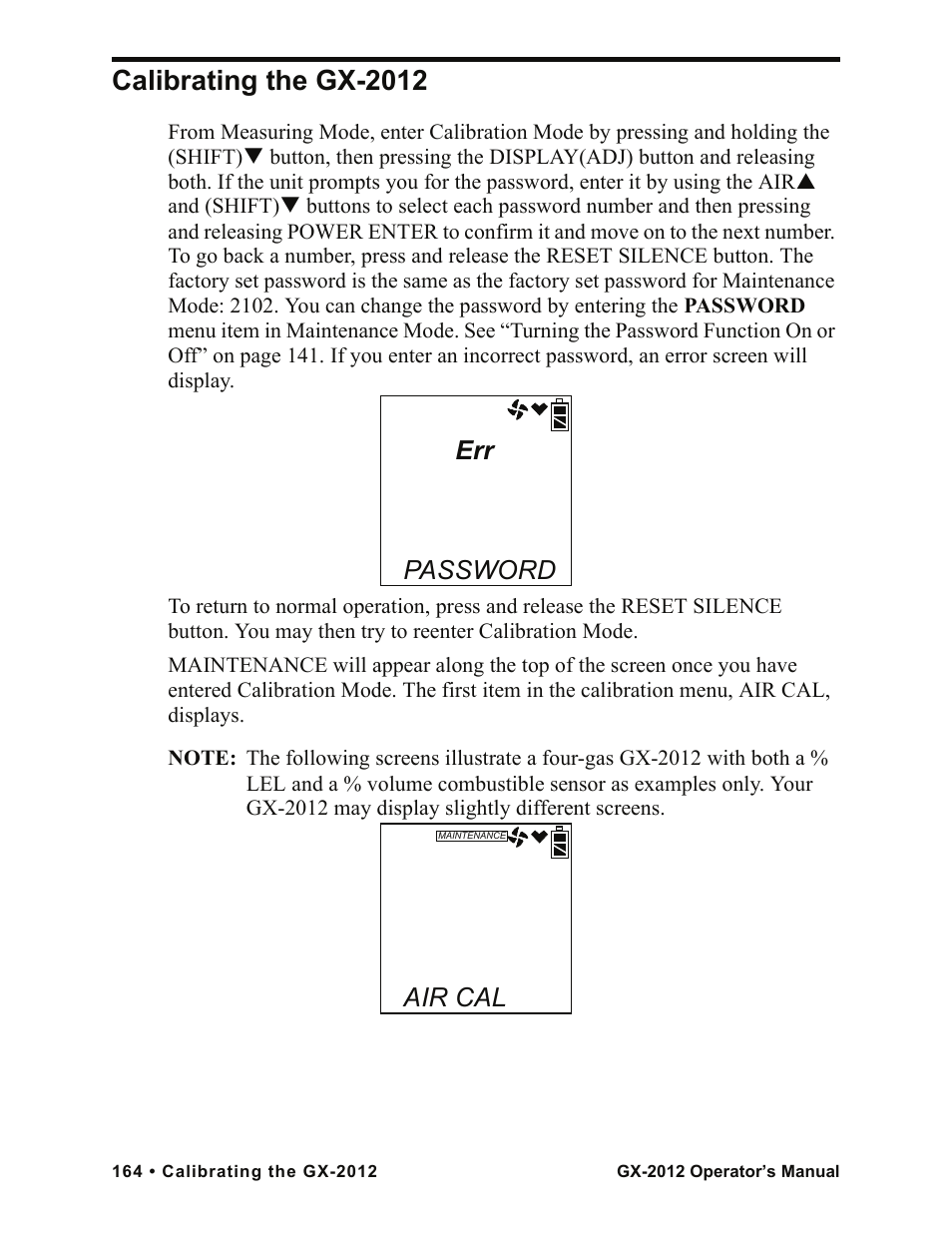 Calibrating the gx-2012, Password, Air cal | RKI Instruments GX-2012 Manual User Manual | Page 172 / 185