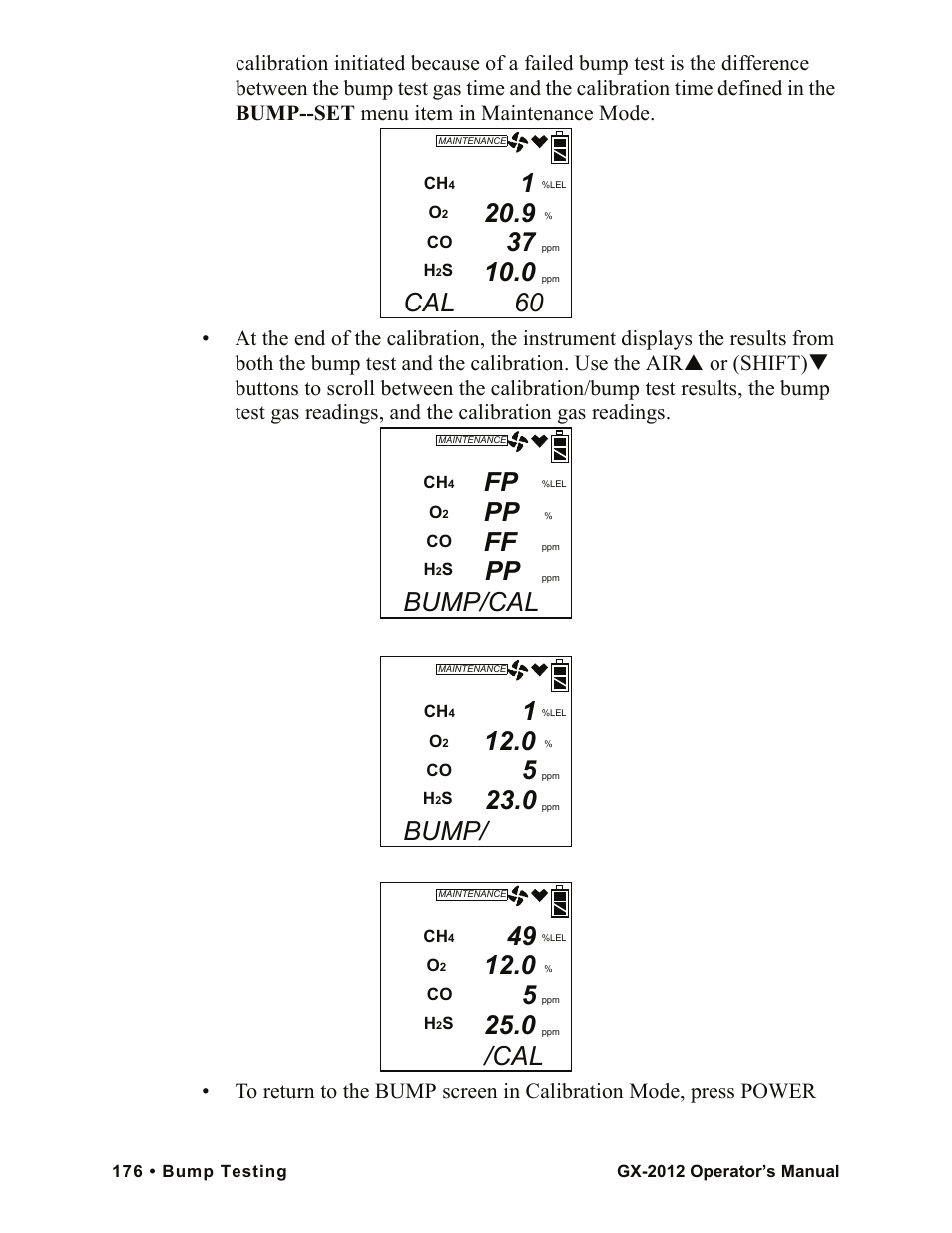 Cal 60, Fp pp ff pp, Bump/cal | Bump | RKI Instruments GX-2012 Manual User Manual | Page 184 / 185