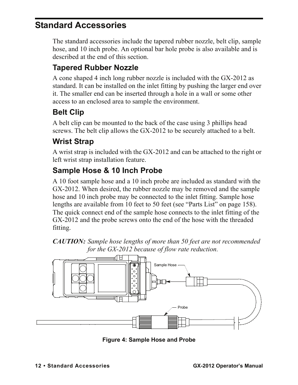 Standard accessories, Tapered rubber nozzle, Belt clip | Wrist strap, Sample hose & 10 inch probe | RKI Instruments GX-2012 Manual User Manual | Page 20 / 185