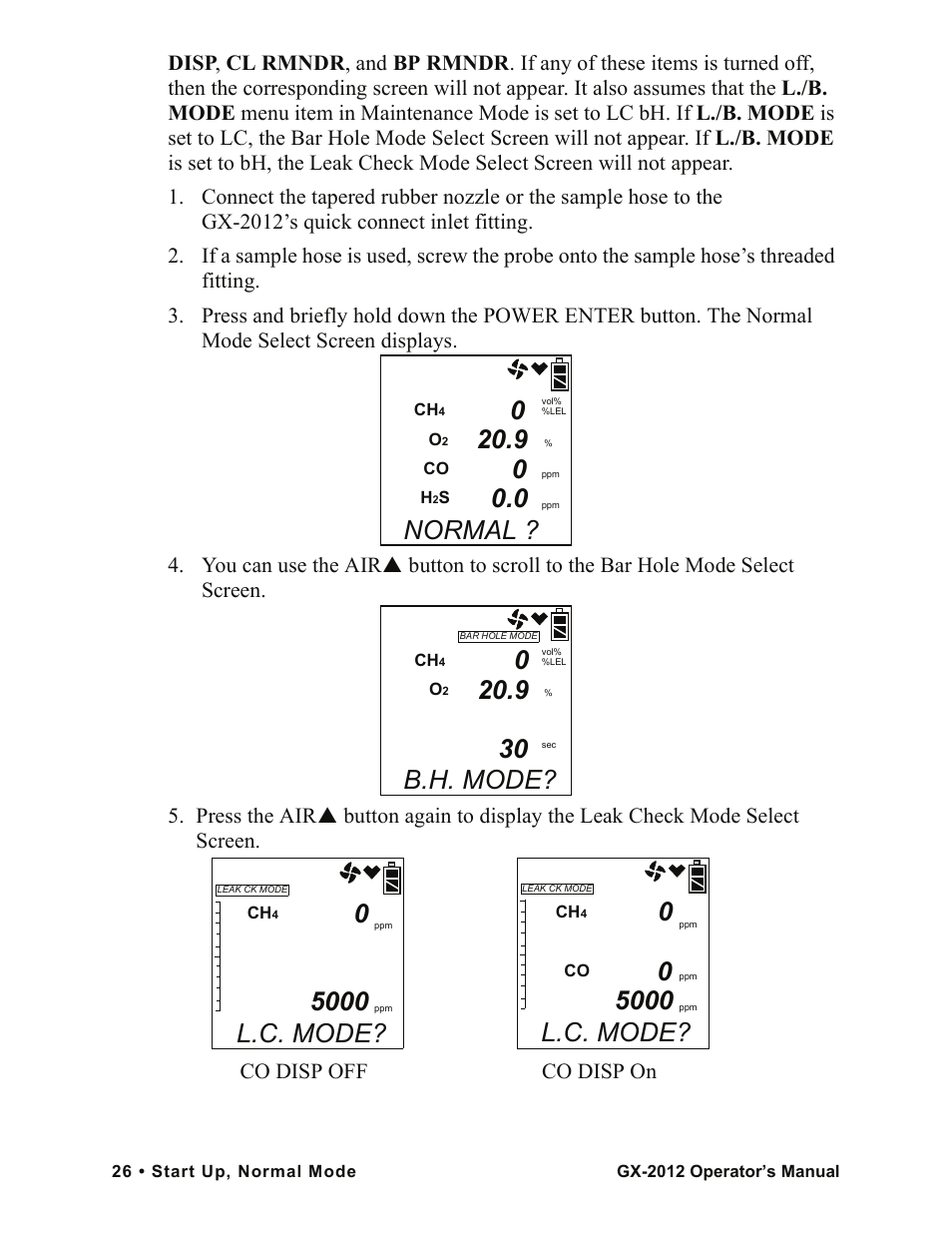 Normal, B.h. mode, L.c. mode | Co disp off co disp on | RKI Instruments GX-2012 Manual User Manual | Page 34 / 185