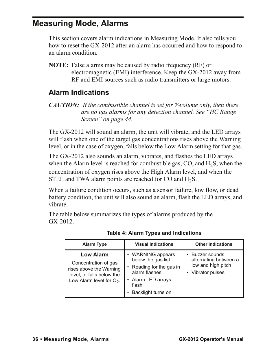 Measuring mode, alarms, Alarm indications | RKI Instruments GX-2012 Manual User Manual | Page 44 / 185