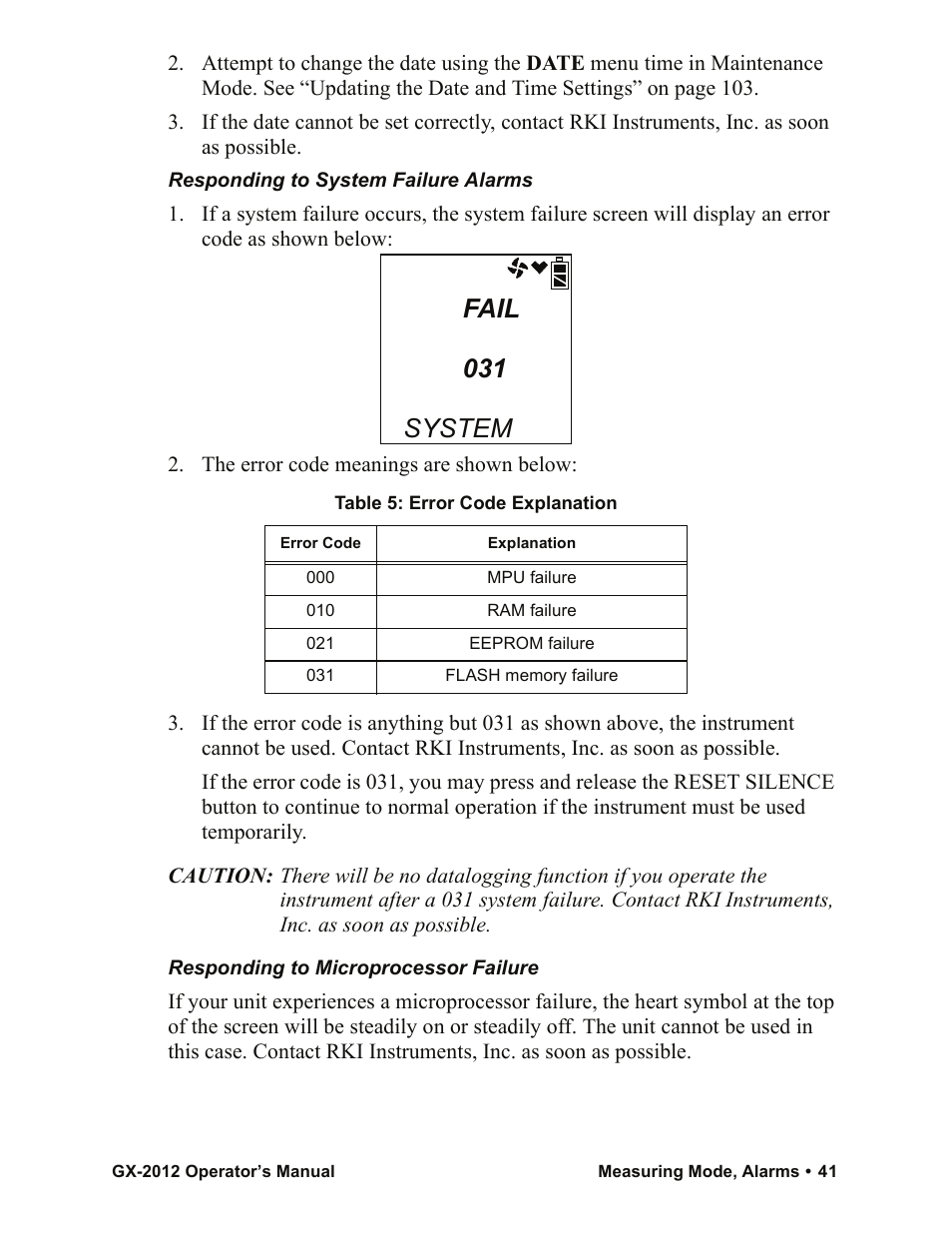 Fail 031, System | RKI Instruments GX-2012 Manual User Manual | Page 49 / 185