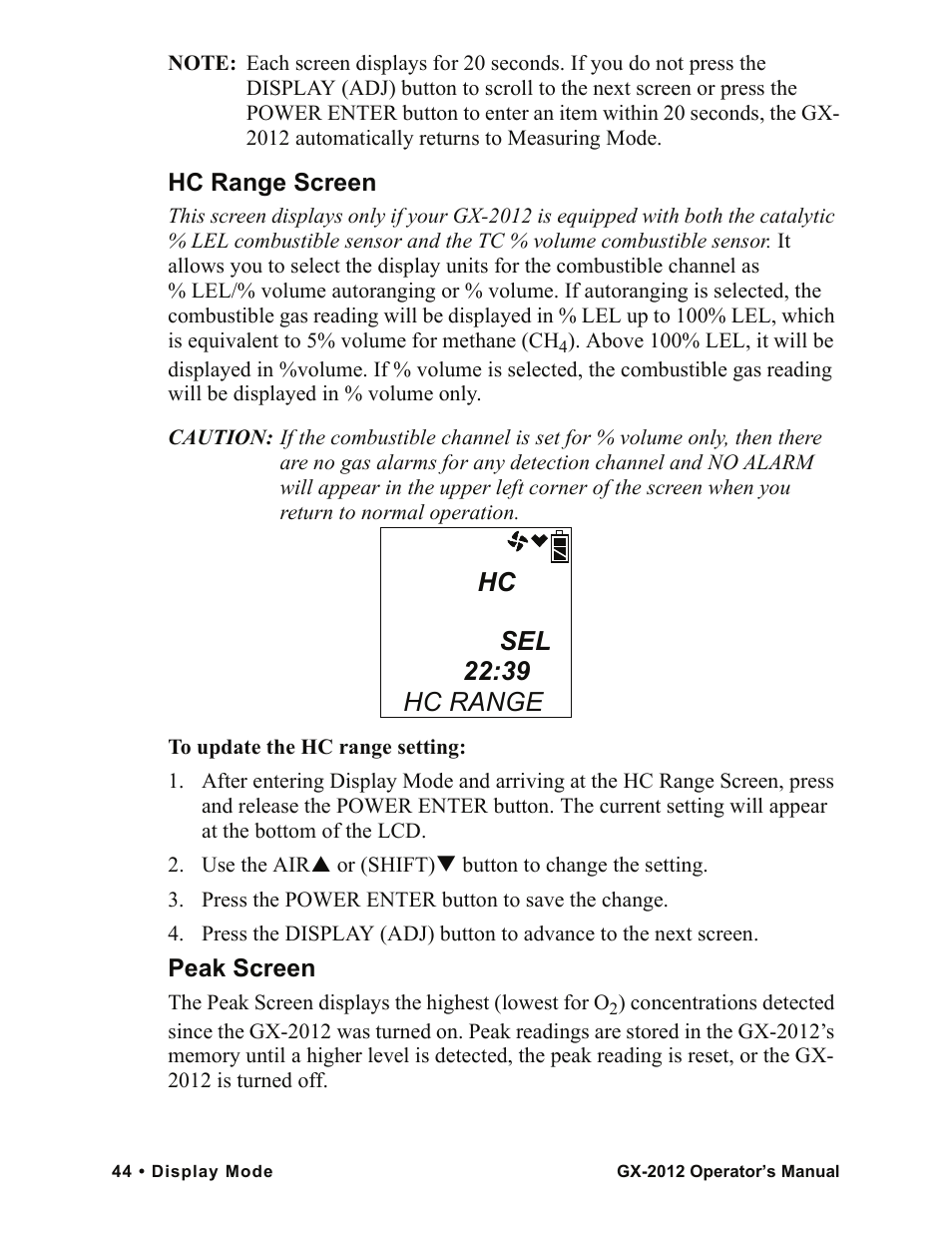 Hc sel 22:39 hc range | RKI Instruments GX-2012 Manual User Manual | Page 52 / 185