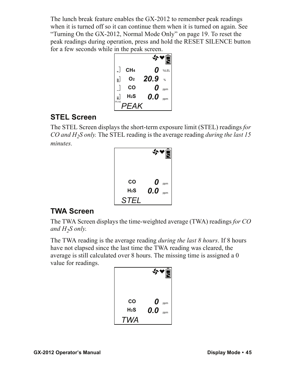 Peak, Stel, Stel screen | Twa screen | RKI Instruments GX-2012 Manual User Manual | Page 53 / 185