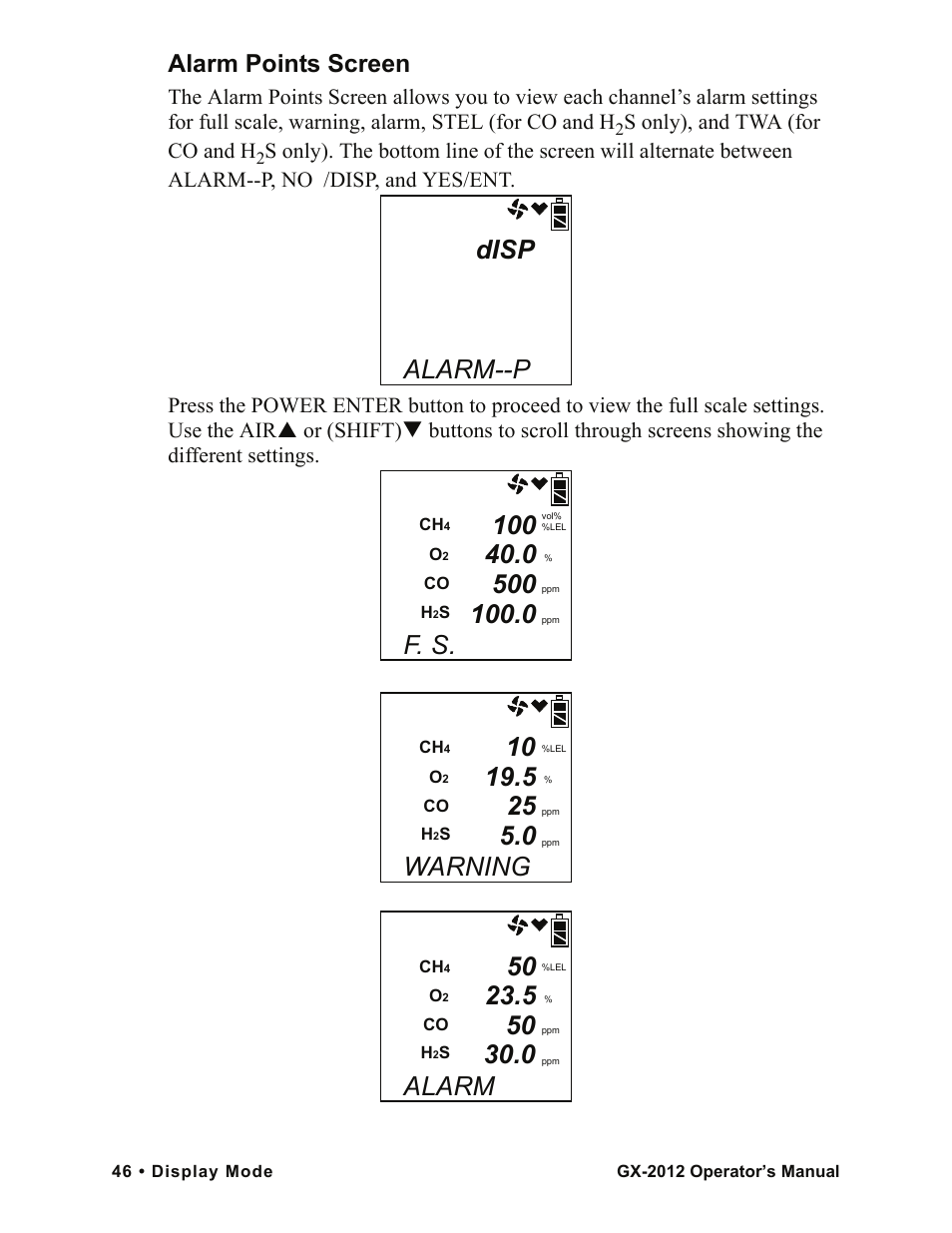 F. s, Warning, Alarm | Alarm points screen, S only), and twa (for co and h | RKI Instruments GX-2012 Manual User Manual | Page 54 / 185