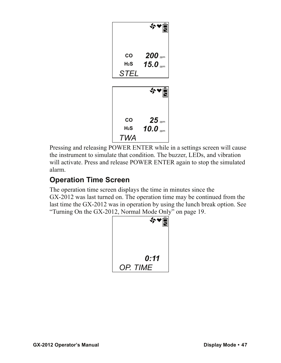 Stel, Op. time, Operation time screen | RKI Instruments GX-2012 Manual User Manual | Page 55 / 185