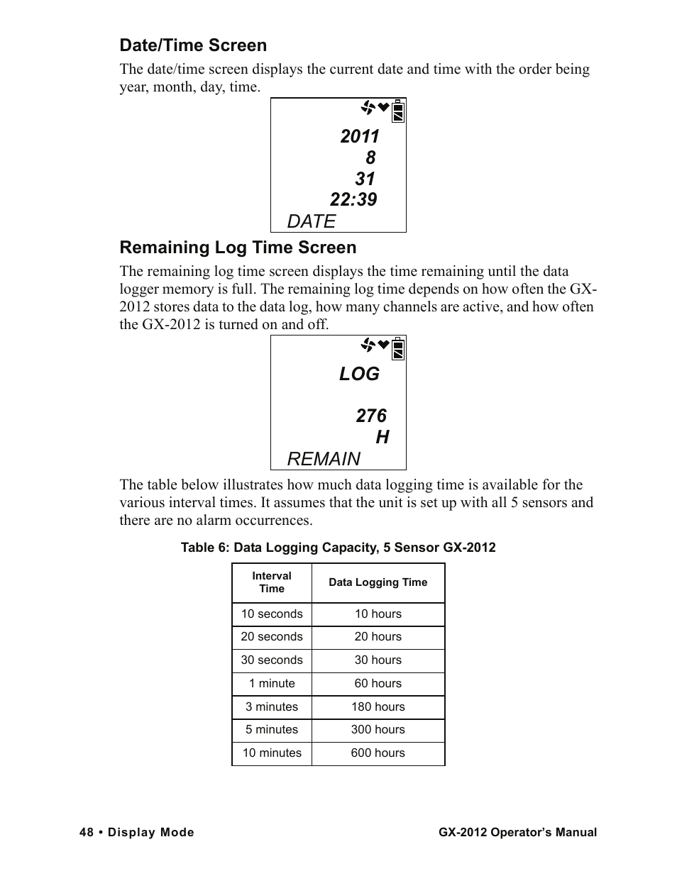 Date/time screen, Remaining log time screen | RKI Instruments GX-2012 Manual User Manual | Page 56 / 185