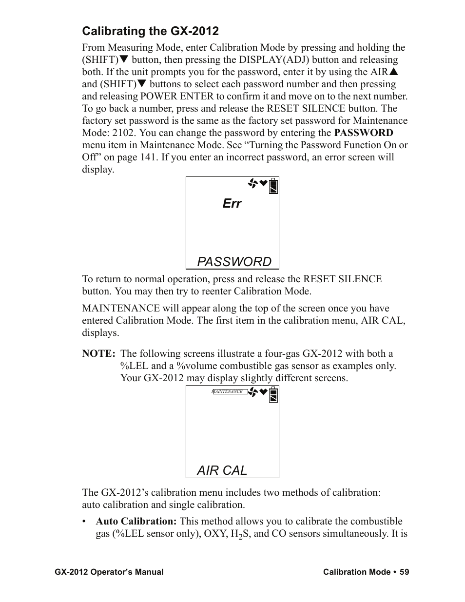 Password, Air cal, Calibrating the gx-2012 | RKI Instruments GX-2012 Manual User Manual | Page 67 / 185