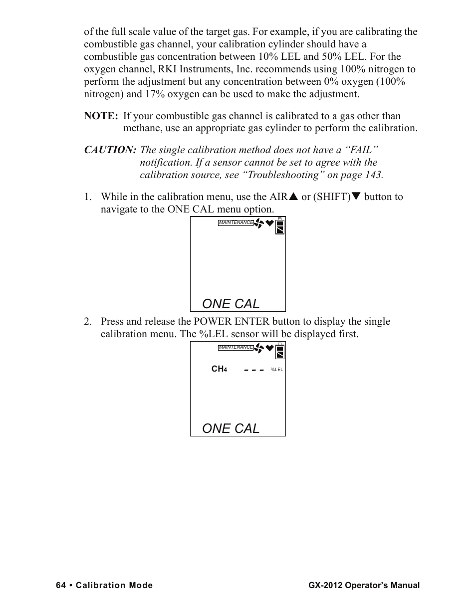 One cal | RKI Instruments GX-2012 Manual User Manual | Page 72 / 185