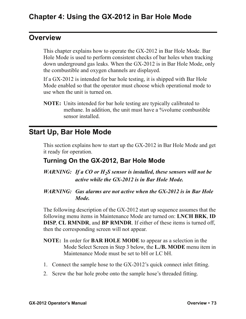 Start up, bar hole mode | RKI Instruments GX-2012 Manual User Manual | Page 81 / 185
