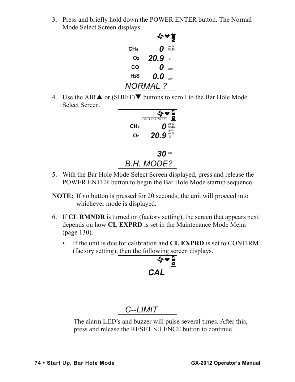 Normal, B.h. mode, Cal c--limit | RKI Instruments GX-2012 Manual User Manual | Page 82 / 185