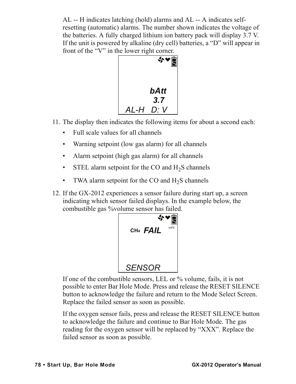 Batt 3.7 al-h d: v fail, Sensor | RKI Instruments GX-2012 Manual User Manual | Page 86 / 185