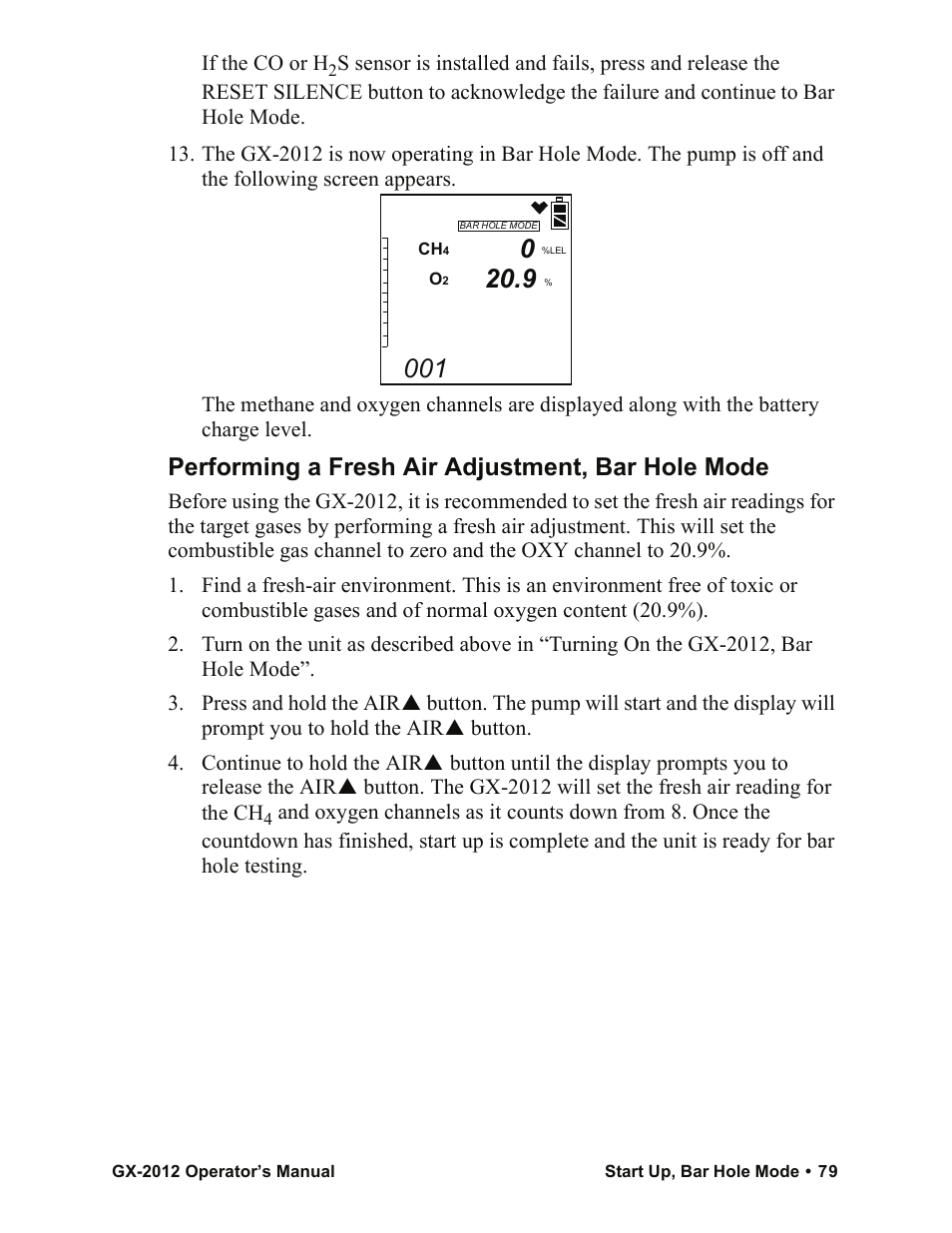 Performing a fresh air adjustment, bar hole mode | RKI Instruments GX-2012 Manual User Manual | Page 87 / 185